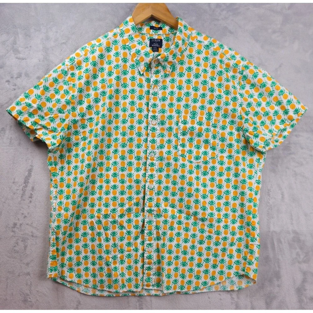 J. Crew Flex Washed Button Down Shirt Men XXL Slim Orange Green Pineapple Print